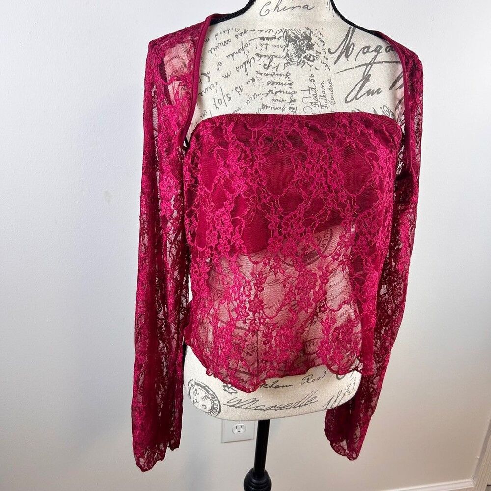 Shein Curve Red Lace Long Sleeve Top Set Womens 3XL Open Back Crop Shrug